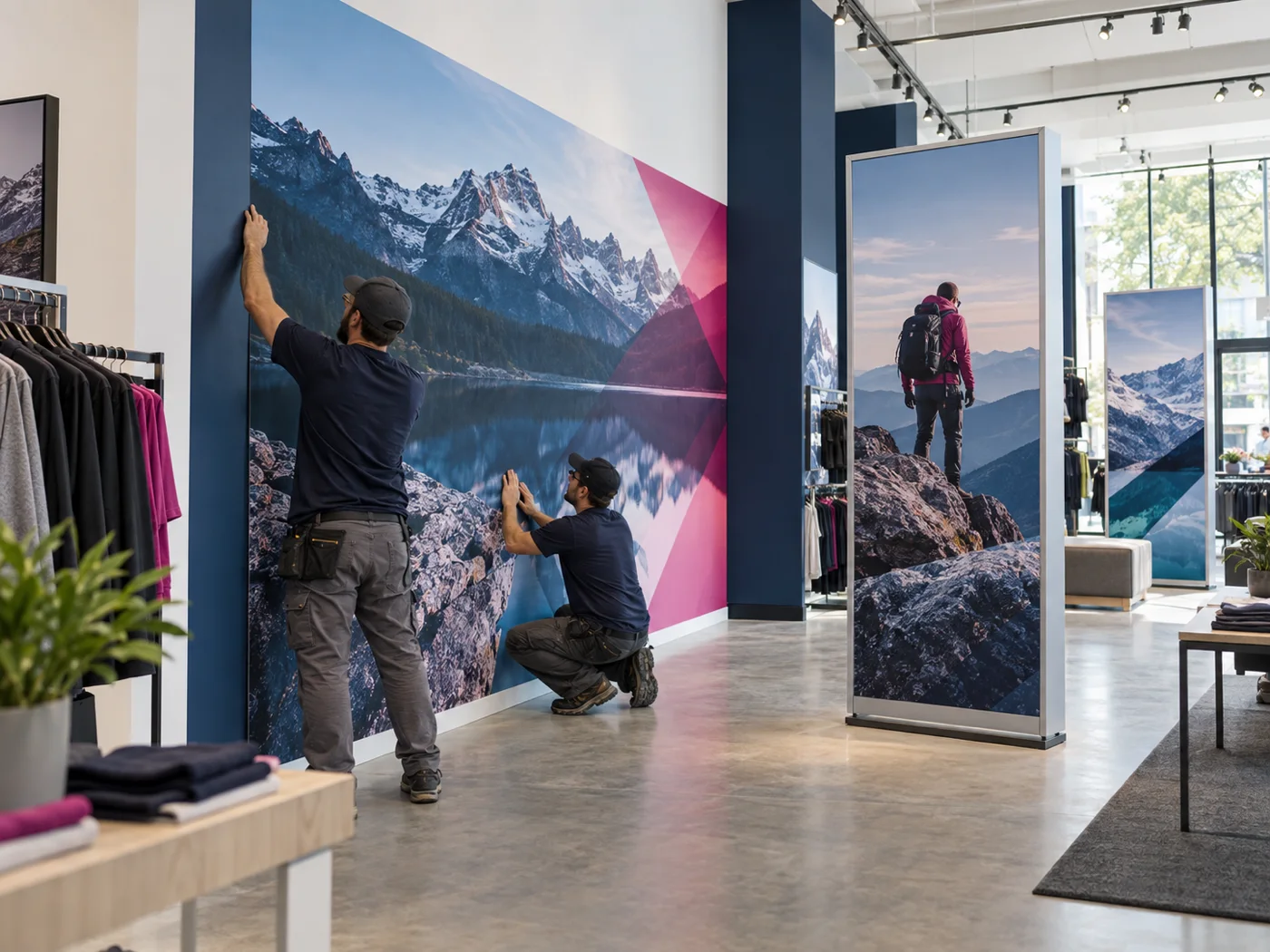 Instaladores colocando un gráfico de gran formato dentro de una tienda